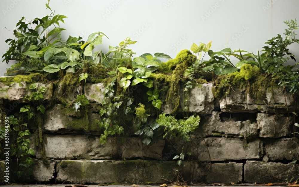 Old brick wall covered with mosses and tropical forest plants.