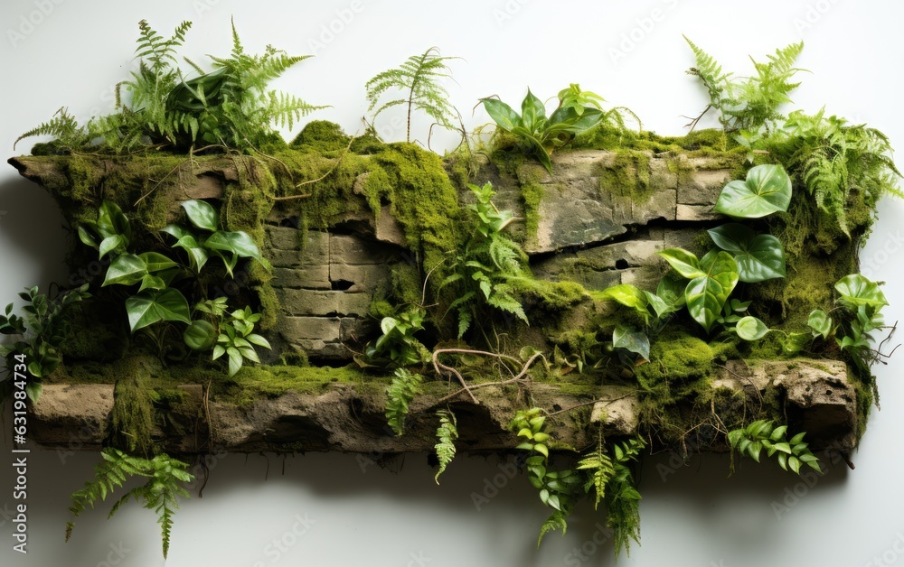 Old brick wall covered with mosses and tropical forest plants.