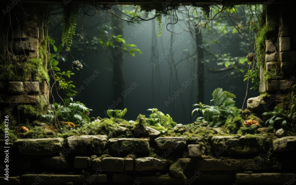 Old brick wall covered with mosses and tropical forest plants.