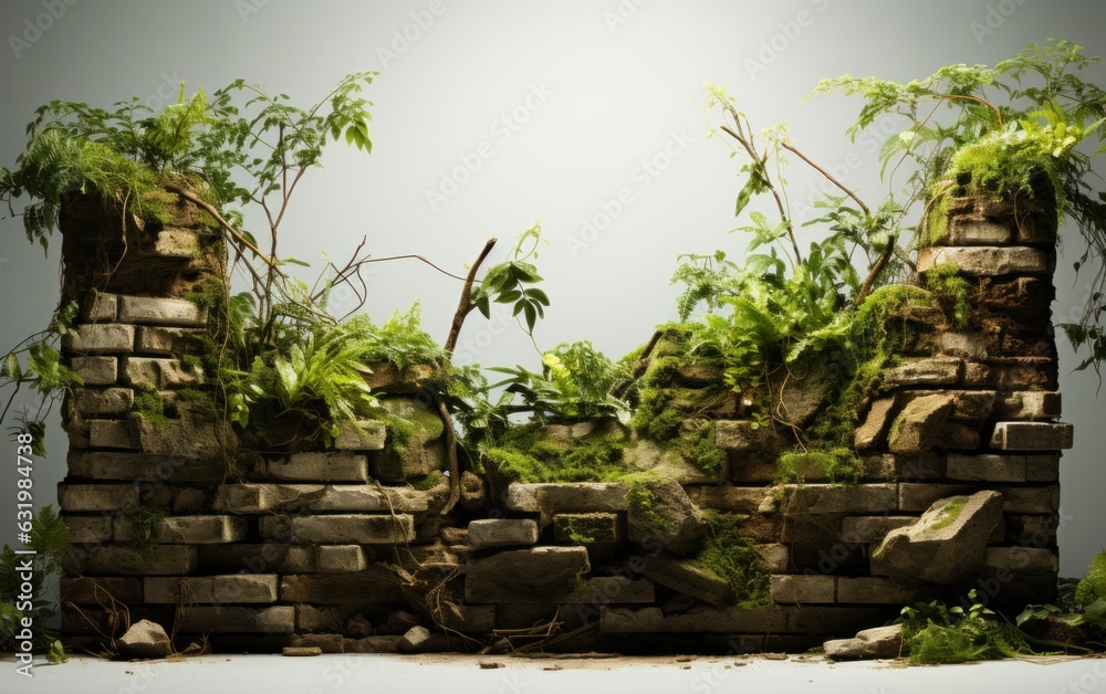 Old brick wall covered with mosses and tropical forest plants.