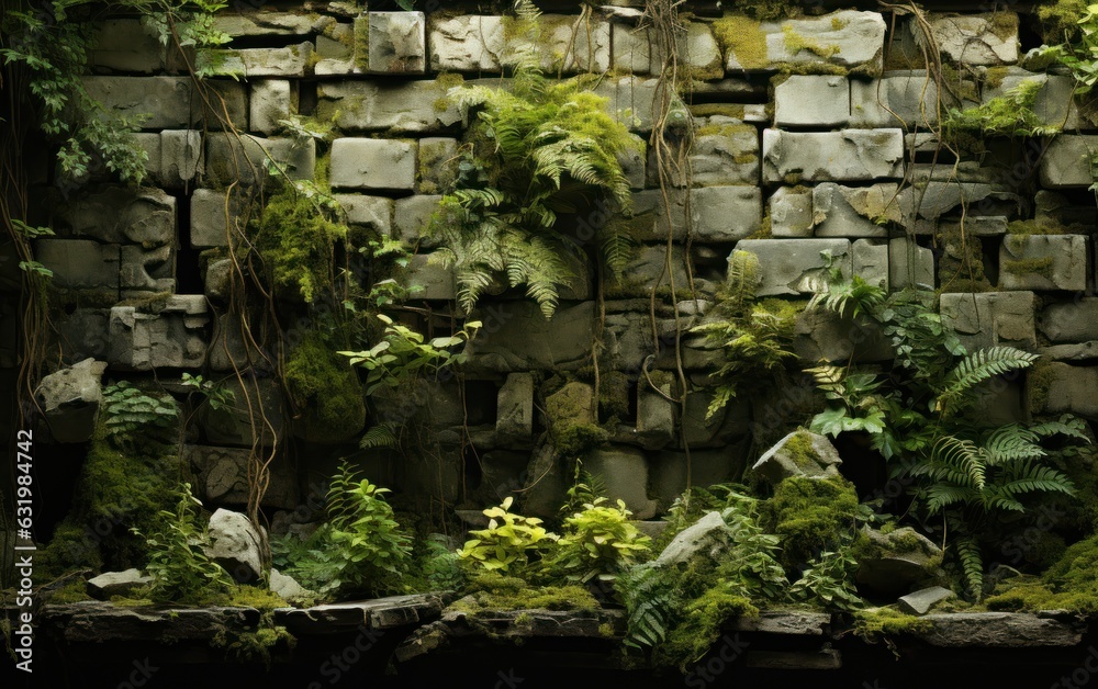 Old brick wall covered with mosses and tropical forest plants.