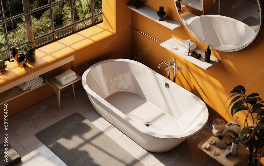 Orange bathroom with tub and sink, top view.