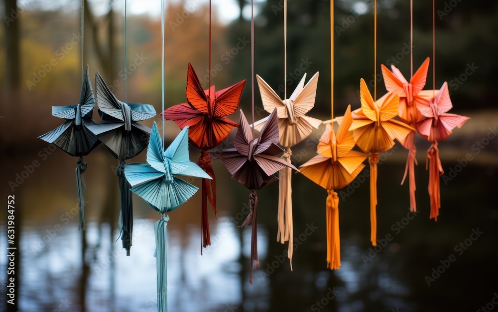 Origami cranes or handmade paper cranes. White Background.