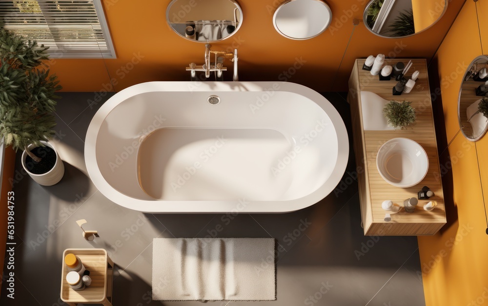 Orange bathroom with tub and sink, top view.