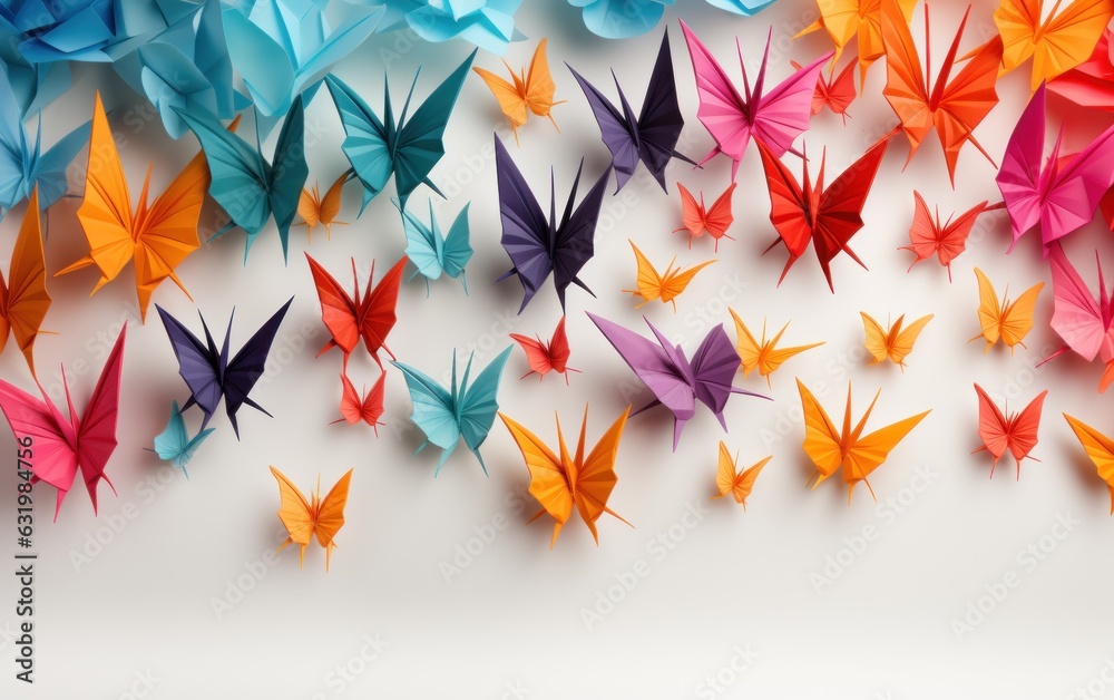 Origami cranes or handmade paper cranes. White Background.