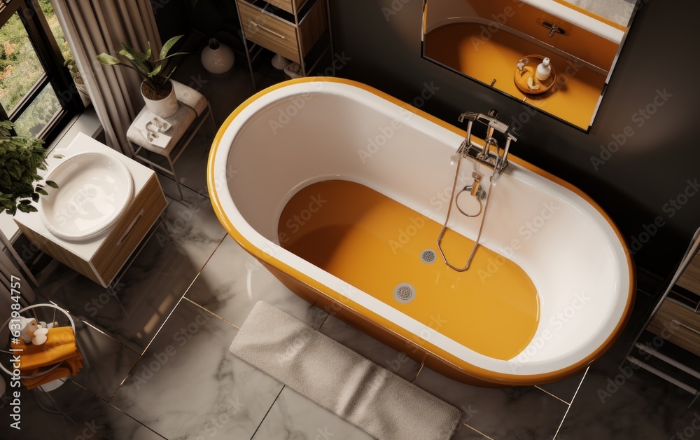 Orange bathroom with tub and sink, top view.