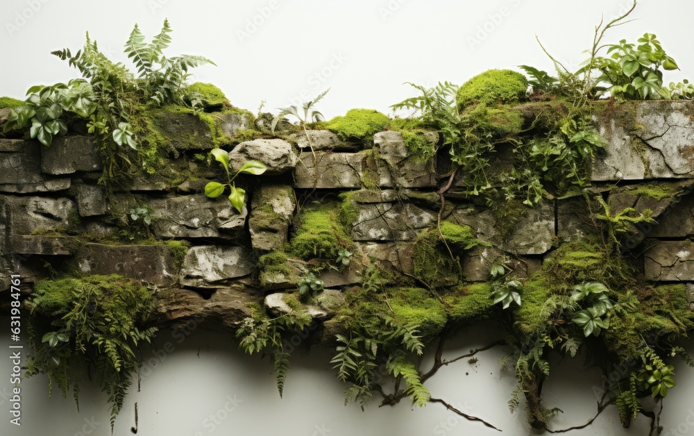 Old brick wall covered with mosses and tropical forest plants.