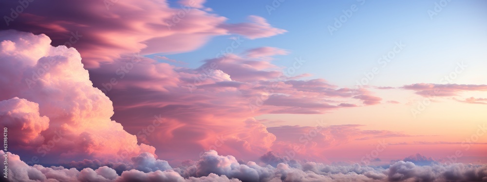 Pink Clouds on a Blue Sky, Dawn Hues, Baby Pink, Soft Light.