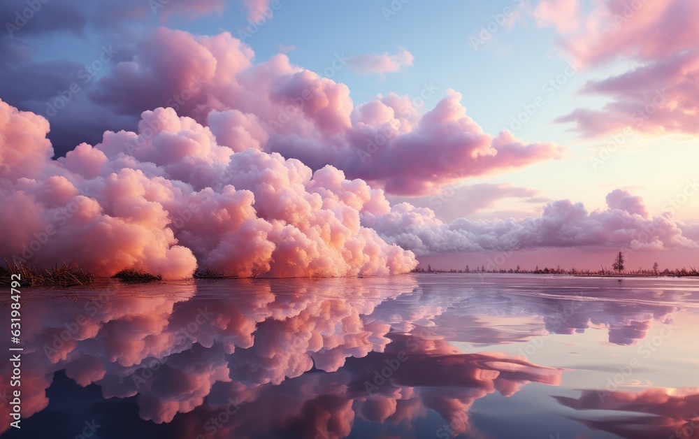 Pink Clouds on a Blue Sky, Dawn Hues, Baby Pink, Soft Light.