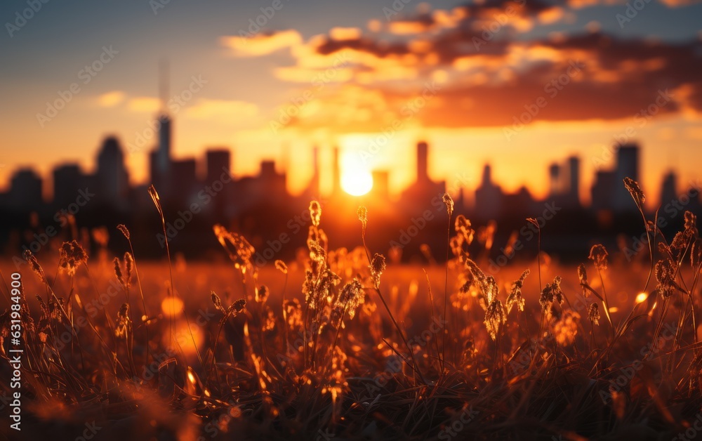 Summer sun blur golden hour hot sky at sunset with city rooftop view in the background.