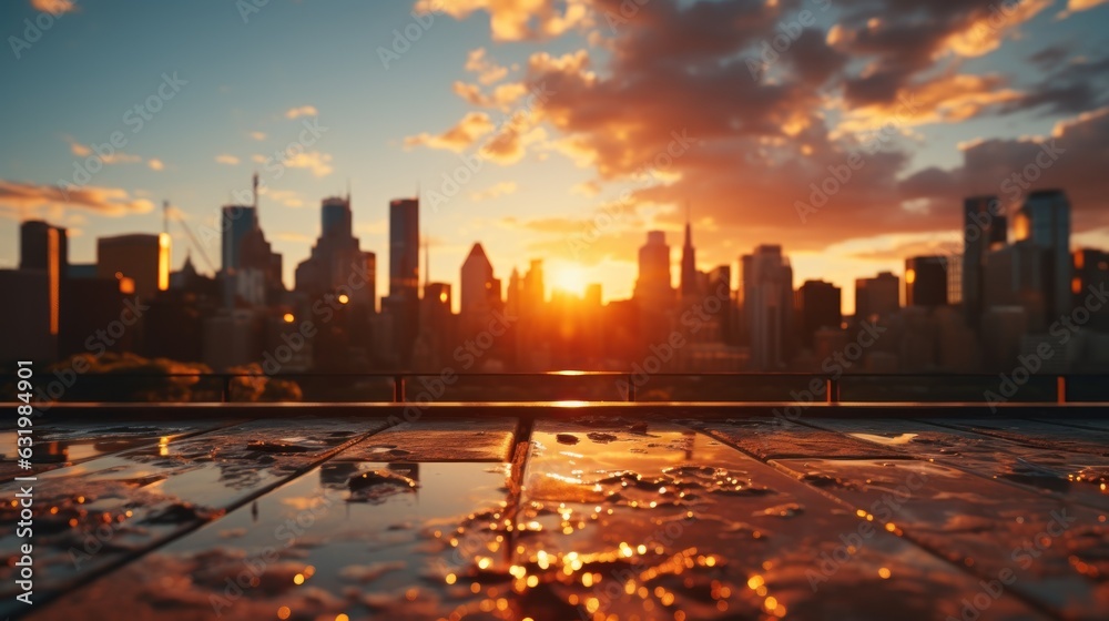 Summer sun blur golden hour hot sky at sunset with city rooftop view in the background.