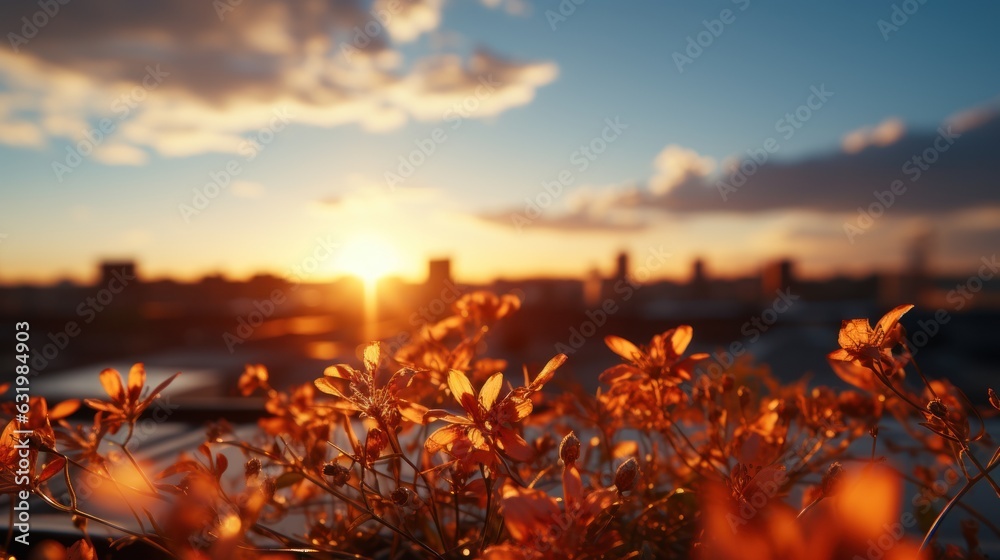 Summer sun blur golden hour hot sky at sunset with city rooftop view in the background.