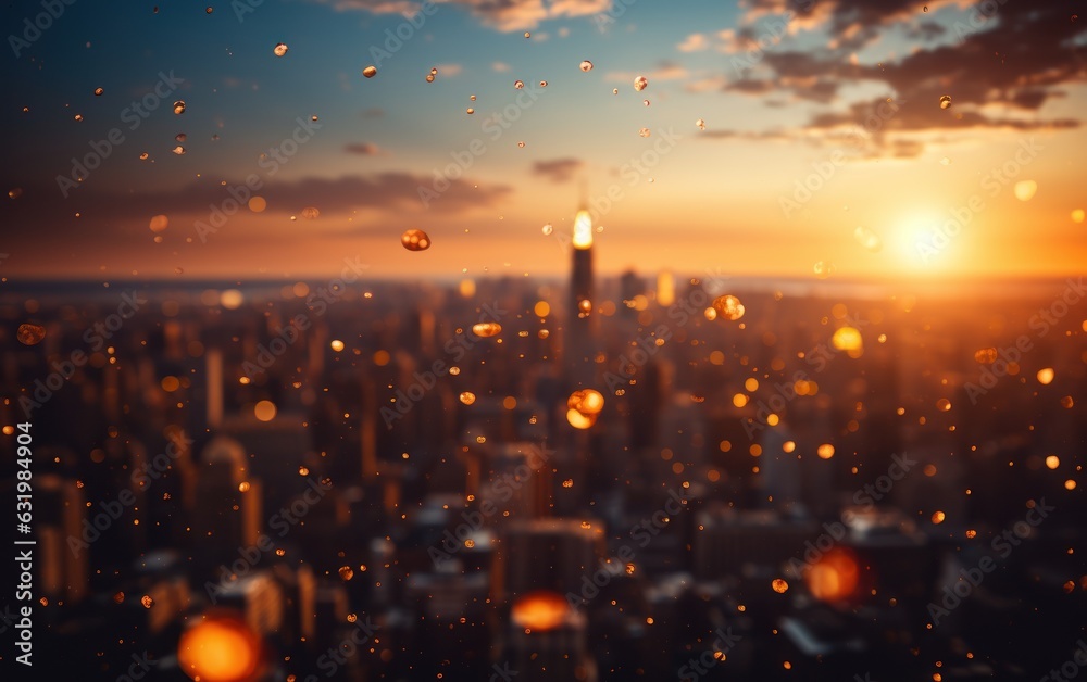 Summer sun blur golden hour hot sky at sunset with city rooftop view in the background.