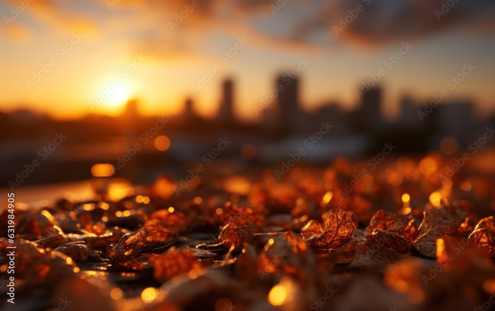 Summer sun blur golden hour hot sky at sunset with city rooftop view in the background.