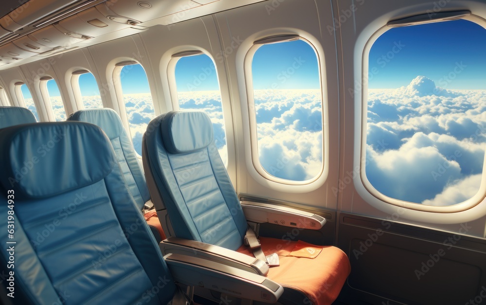 the aerial view of clouds and sky as seen from inside an airplane.