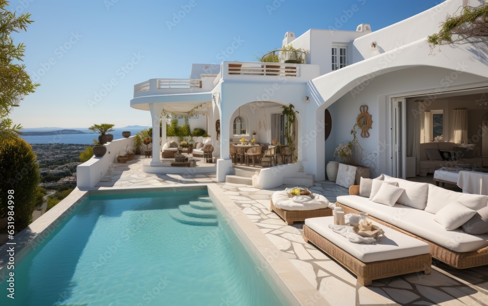 Traditional mediterranean white house with pool on hill with stunning sea view.