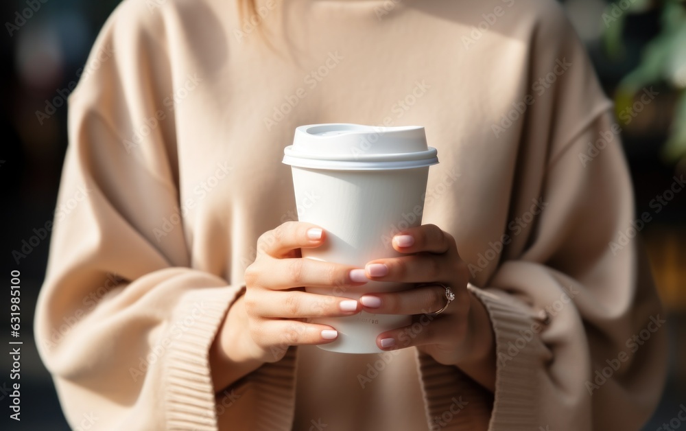 white empty paper cup for coffee, in female hands.