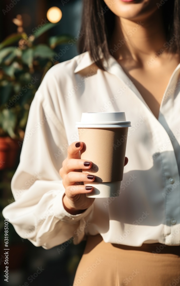 white empty paper cup for coffee, in female hands.