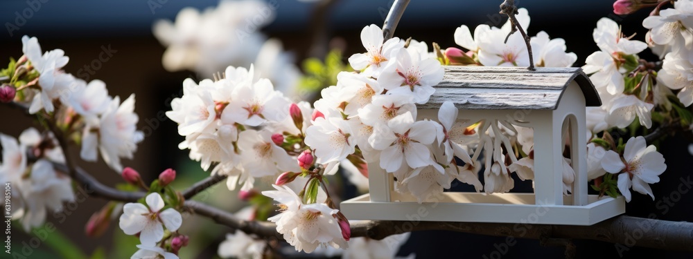 white flowering tree in an idyllic spring garden with hanging bird house decoration