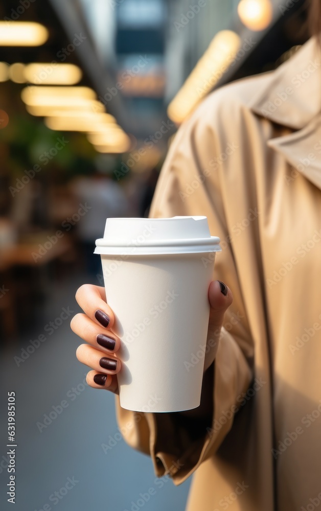 white empty paper cup for coffee, in female hands.