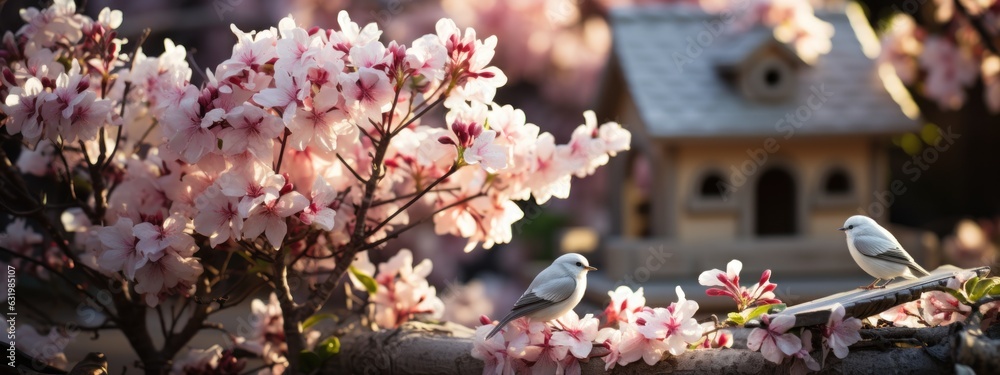 white flowering tree in an idyllic spring garden with hanging bird house decoration