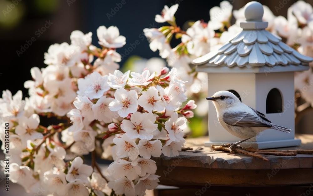 white flowering tree in an idyllic spring garden with hanging bird house decoration