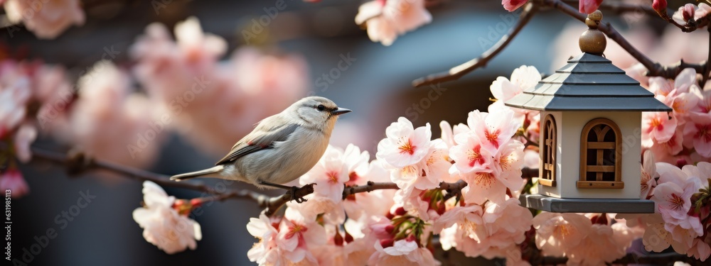 white flowering tree in an idyllic spring garden with hanging bird house decoration