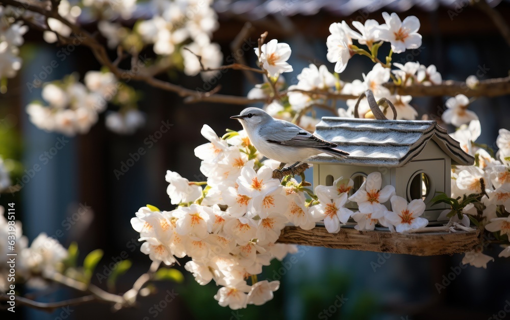 white flowering tree in an idyllic spring garden with hanging bird house decoration