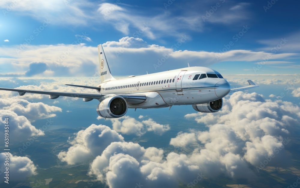 White passenger airplane flying in the sky amazing clouds in the background.