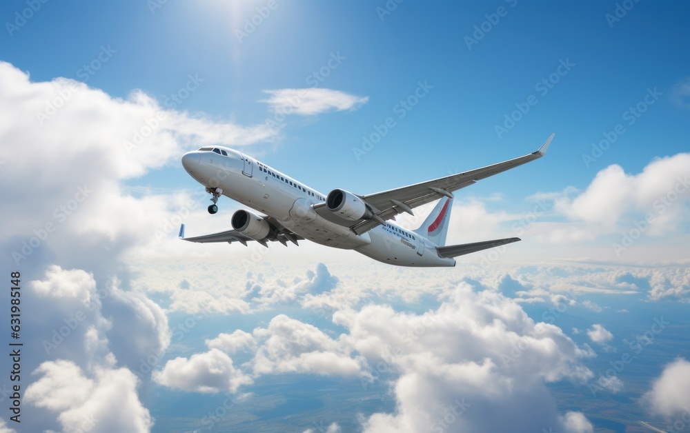 White passenger airplane flying in the sky amazing clouds in the background.