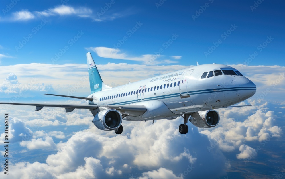 White passenger airplane flying in the sky amazing clouds in the background.