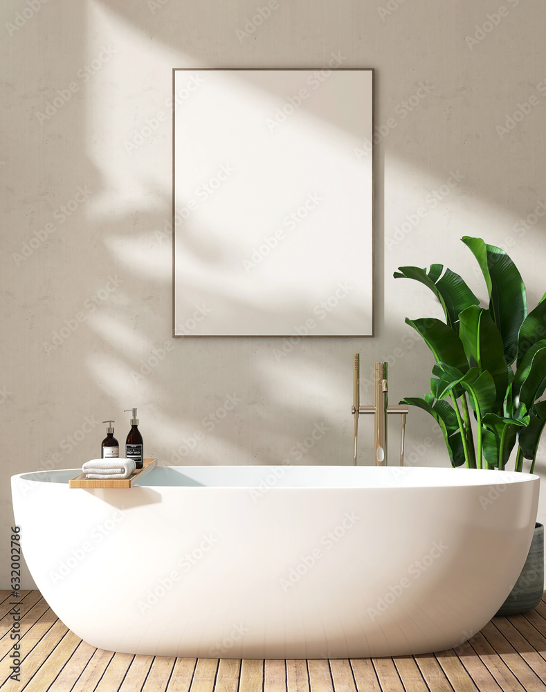 Blank large white photo poster wood frame on white cement wall luxury bathroom, bathtub, wooden cadd