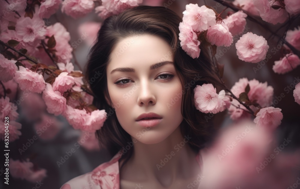 Beautiful woman with sakura flowers