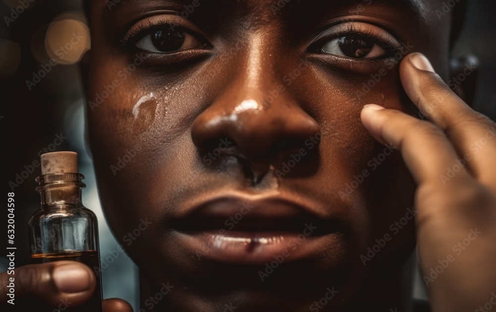 Caring for melanin skin, a young man applies beauty serum to his face