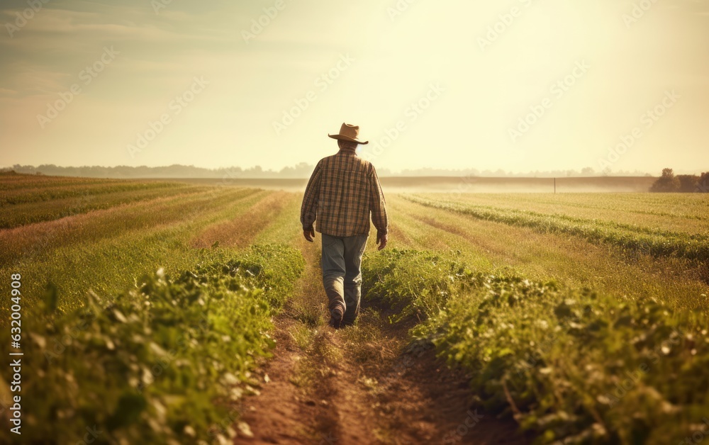 Happy farmer walking across his farmland on a beautiful sunny day