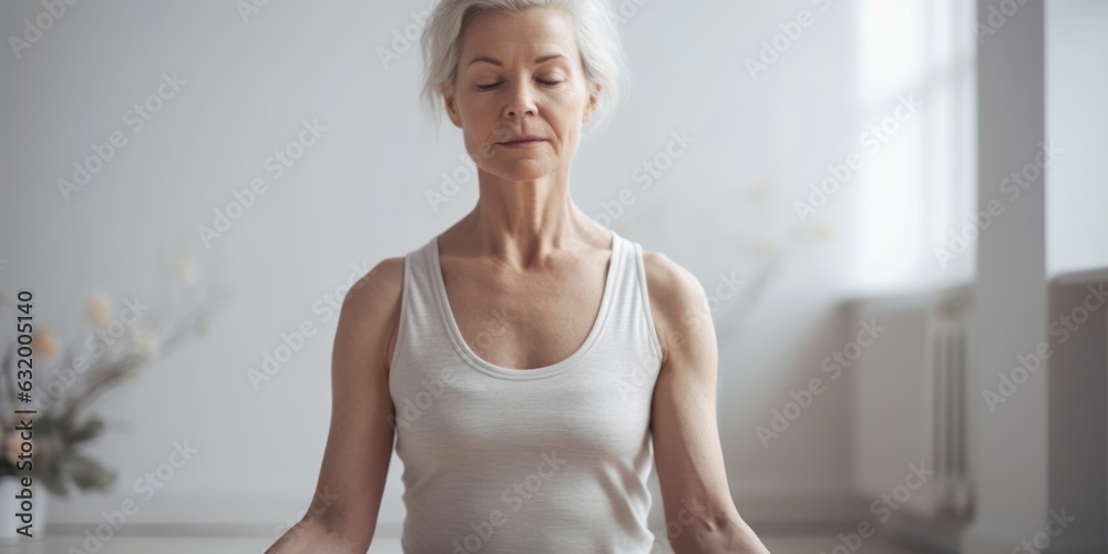 Meditation in lotus position Mature woman practicing yoga at home . white light background