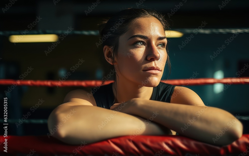 Thoughtful female boxer leaning on boxing ring ropes