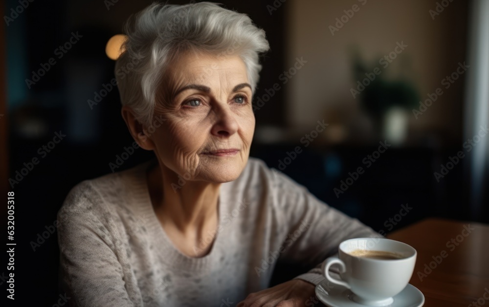 Thoughtful senior woman holding a tea cup at home