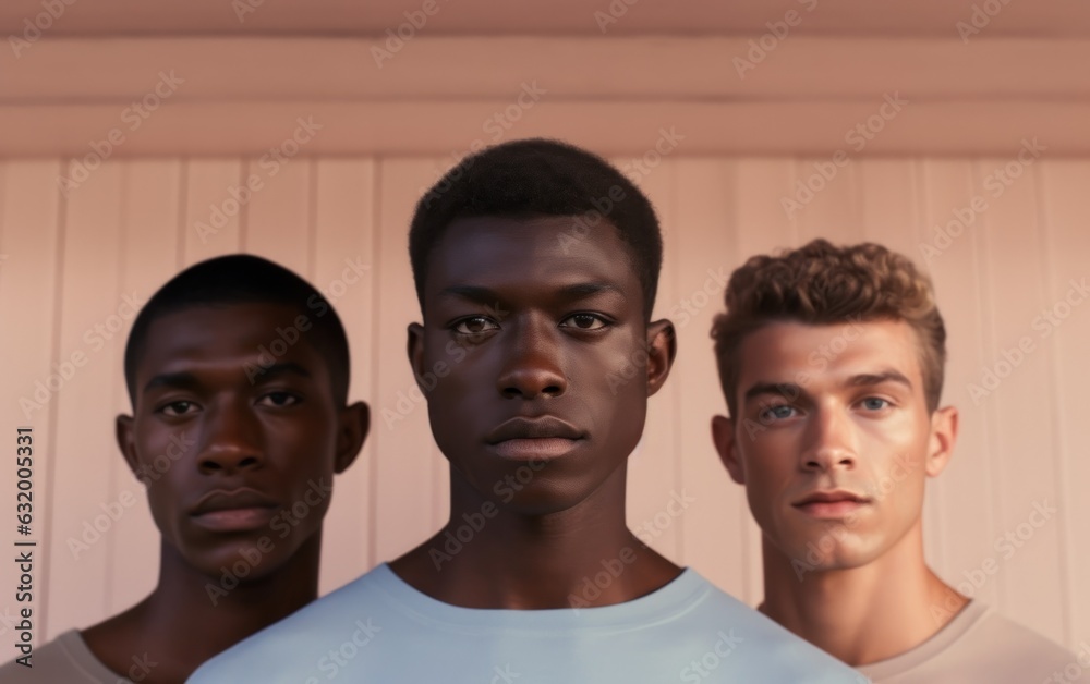 Three men with diverse skin tones standing together in a studio