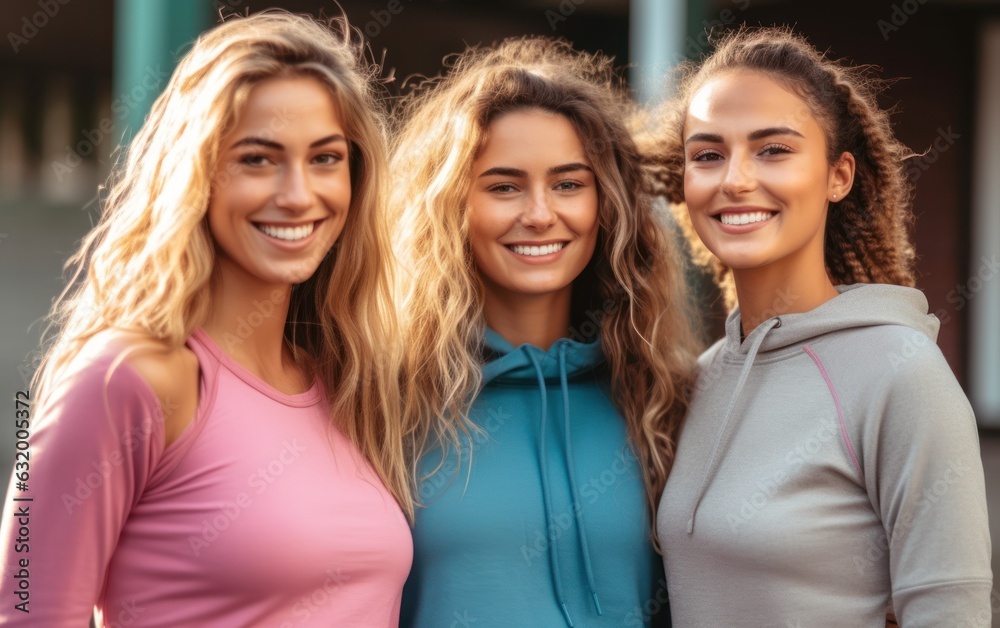 Female fitness friends smiling and standing togethe