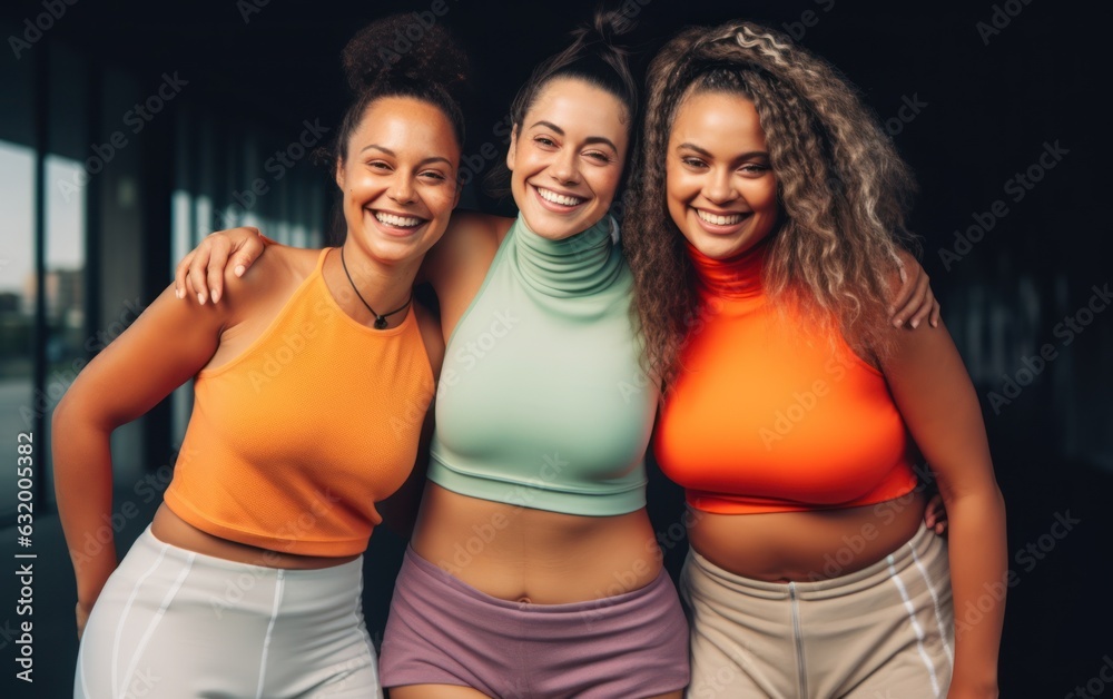 Female fitness friends smiling and standing togethe