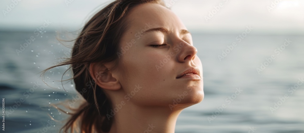 Woman breathing at sea, white light background