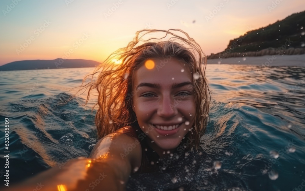 woman splashes water and takes a selfie in the sea