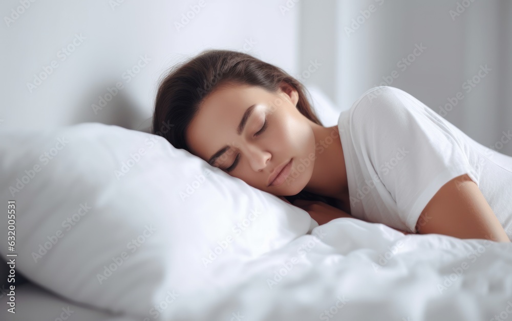 Woman sleeping on bed. white light background