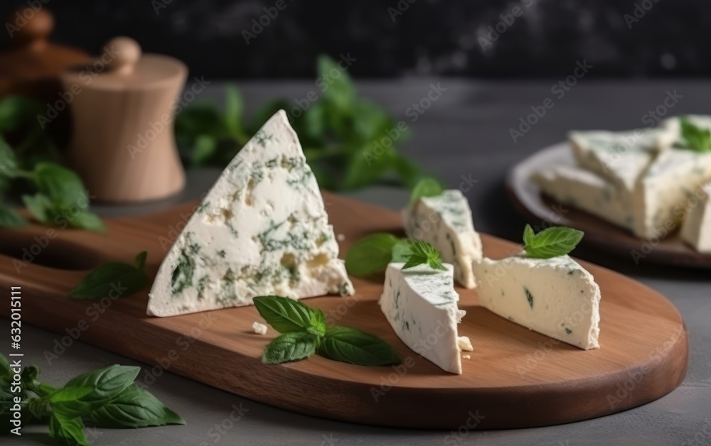 Triangle cream cheese pieces with mint on a wooden board isolated on a white table