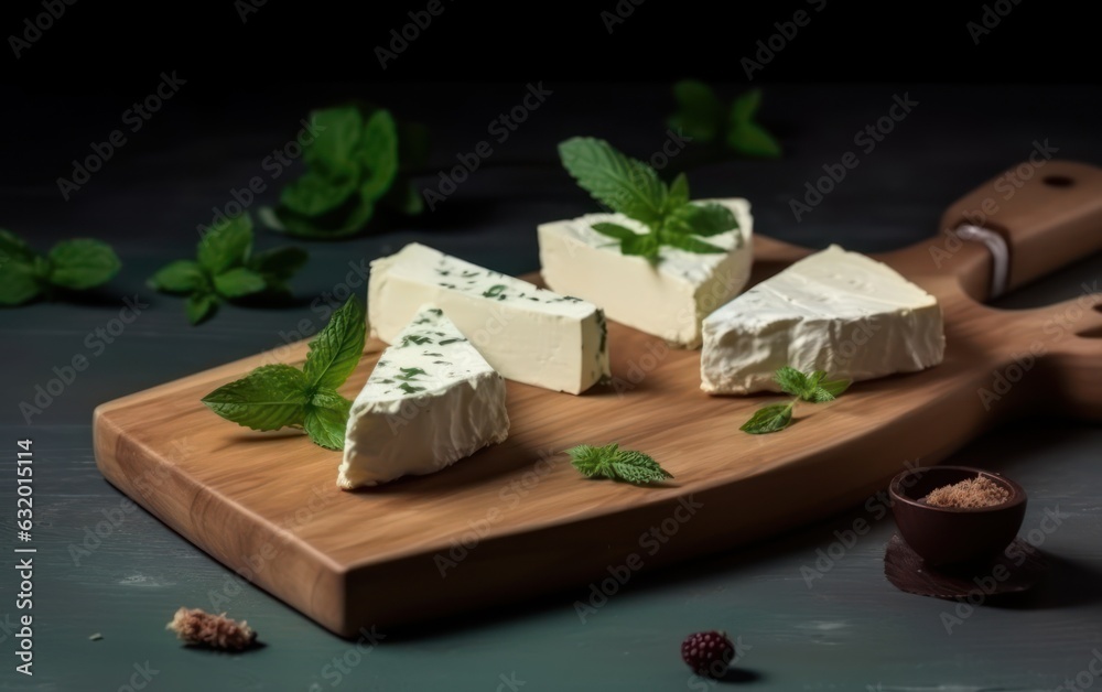 Triangle cream cheese pieces with mint on a wooden board isolated on a white table