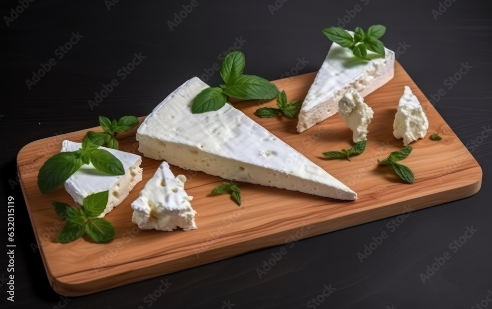 Triangle cream cheese pieces with mint on a wooden board isolated on a white table