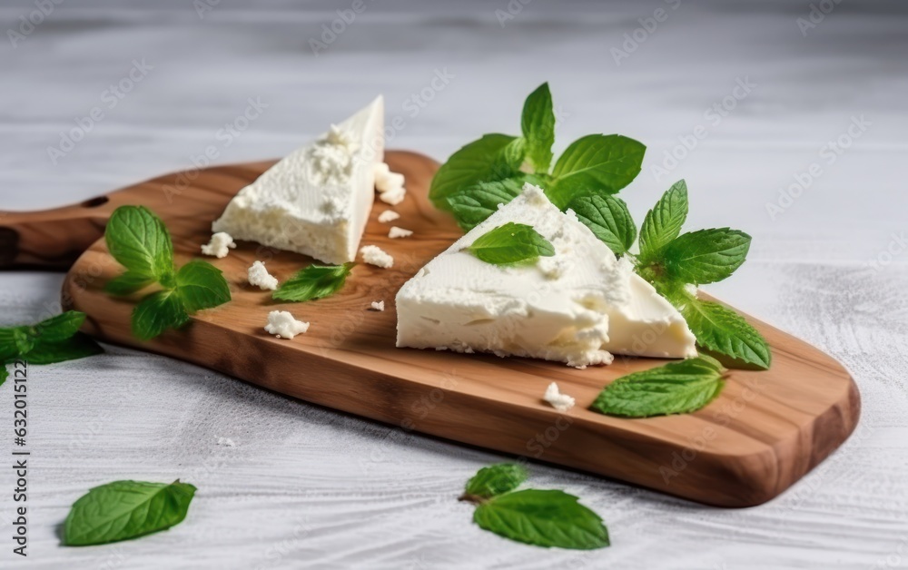 Triangle cream cheese pieces with mint on a wooden board isolated on a white table