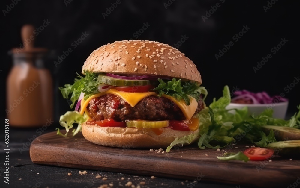 Tasty meat burger with cheese and salad on dark background