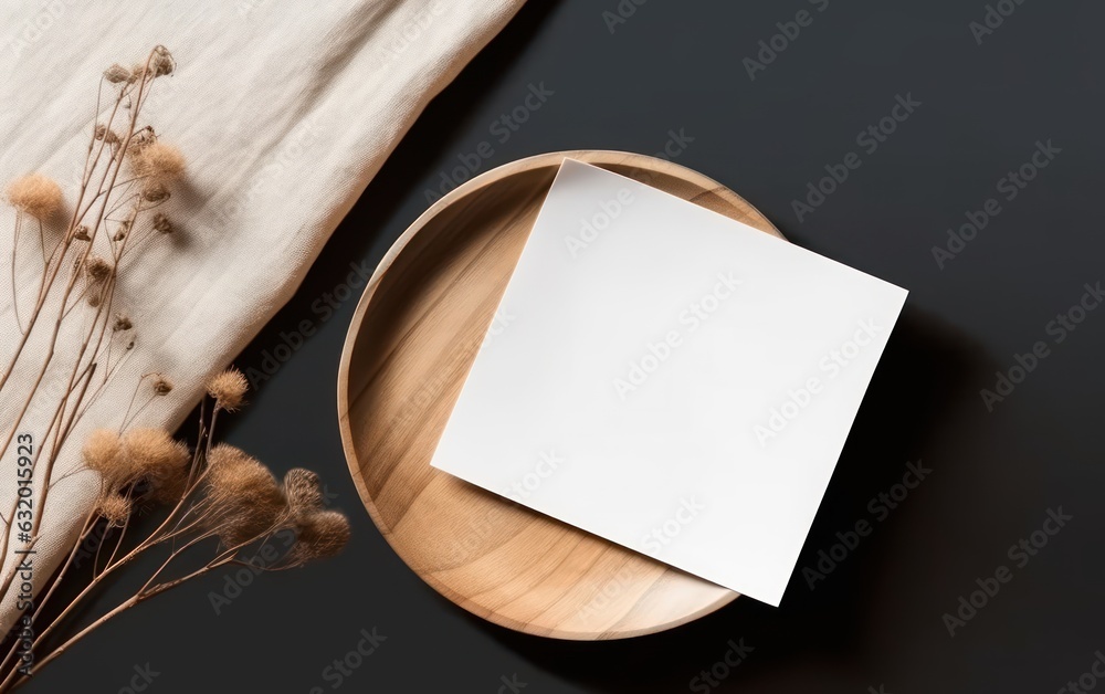 Blank flyer on wooden plate in flat lay style